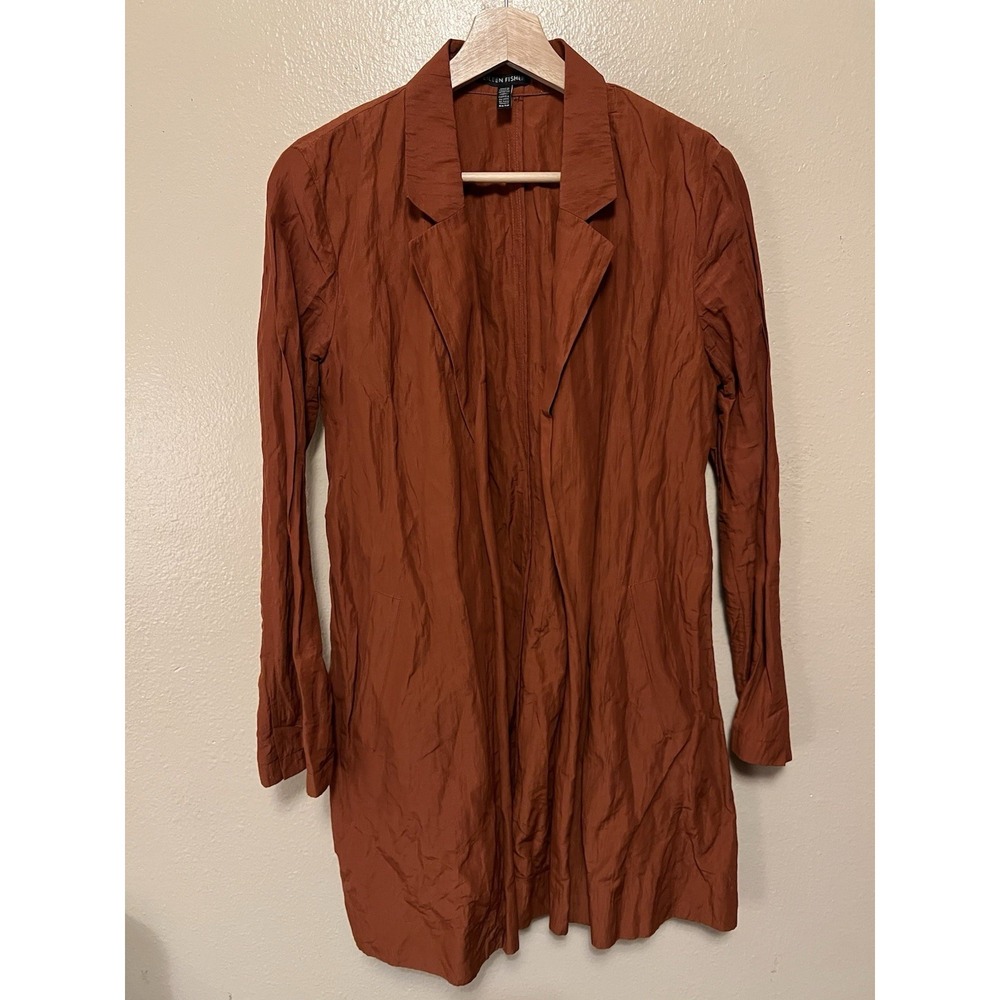 Eileen Fisher Women's Crinkled Duster Open Jacket Burnt Orange Rust Womens Sz XS
